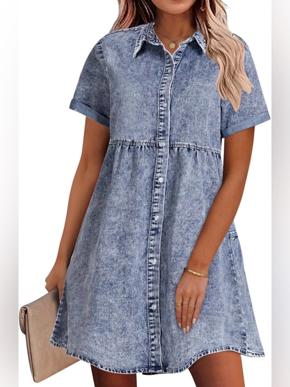 Denim Short Sleeve Button-Front Mini Dress / Medium